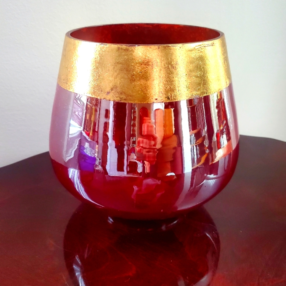 STUNNING Iridescent Cranberry w/ Gold Gilt Mirror Glass Vase Planter Glossy Luxe